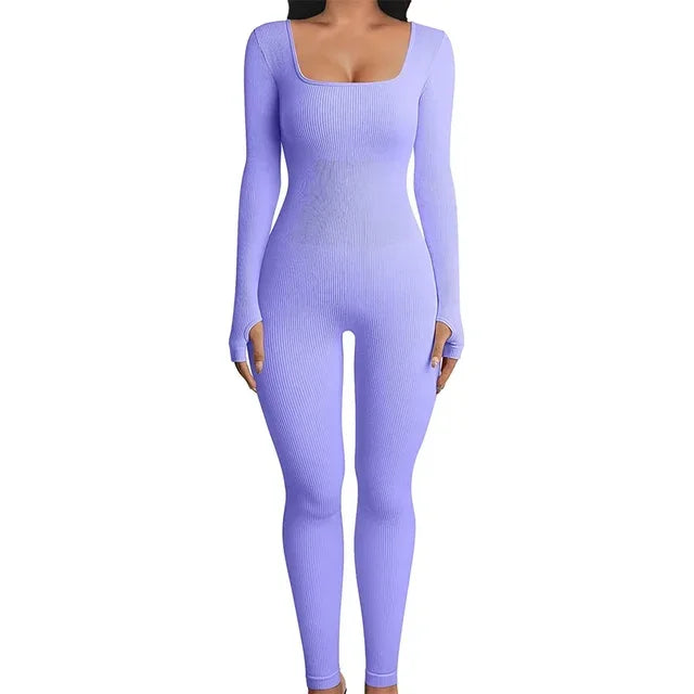 Women Skinny Jumpsuit Solid Color Ribbed Knit Long Sleeve Square Neck Bodycon Jumpsuit Romper Work Out Sport Yoga Playsuits
