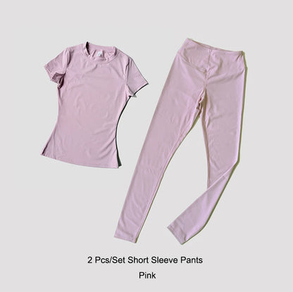Quick-Drying Gym Leggings Set Sport Suit Short Sleeve Breathable Stretchy Slim Fitness Active Top Tight Gym Set
