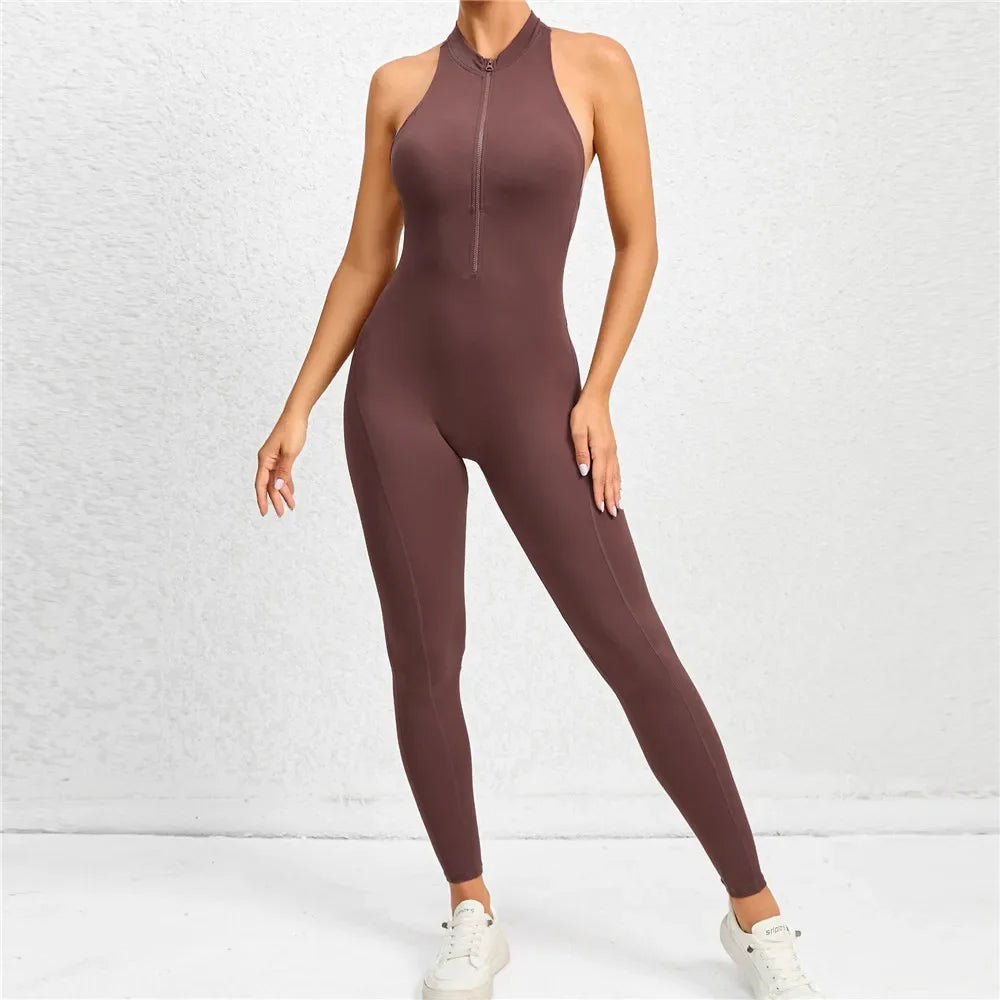 Zipper Women Pad Yoga Jumpsuits One Piece Romper Workout Legging Bodysuit Sport Gym Active Suit Exercise Wear Womens Fitness