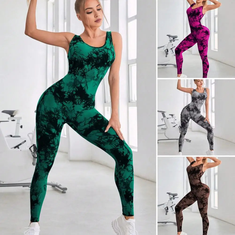 Athletic Wear Jumpsuit Yoga Jumpsuit Tie-dye Butt-lifted Women's Sport Jumpsuit for Jogging Yoga Contrast Color Athletic Wear