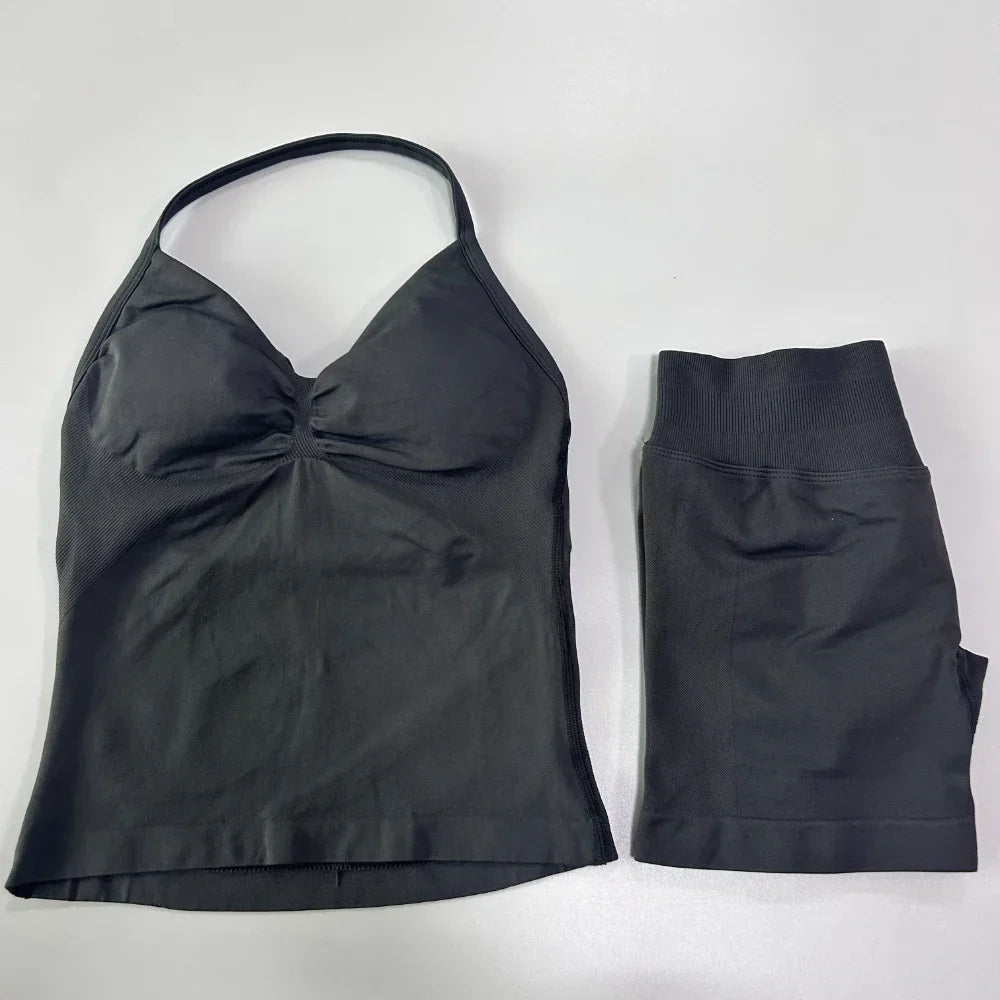 2 Pieces Impact Sports Set Women Backless Tank Yoga Tops High Waist Scrunch Seamless Shorts Sport Gym Set Sportswear Workout Set