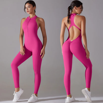 Sexy Hollow Backless Scrunch Sporty Jumpsuit Raises Butt Woman Gym Set One Piece Sport Suit Sleeveless Zip Yoga Fitness Overalls