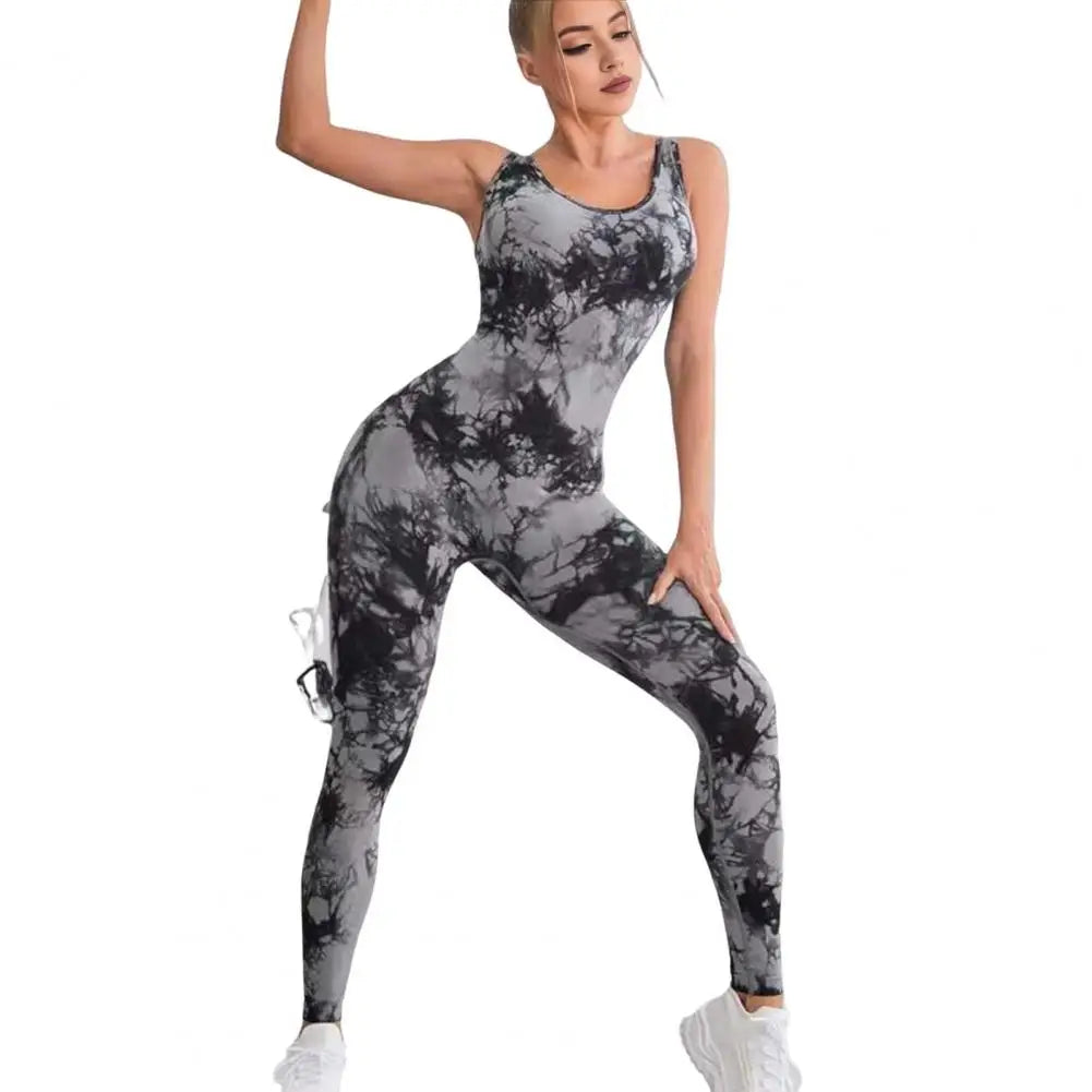 Athletic Wear Jumpsuit Yoga Jumpsuit Tie-dye Butt-lifted Women's Sport Jumpsuit for Jogging Yoga Contrast Color Athletic Wear