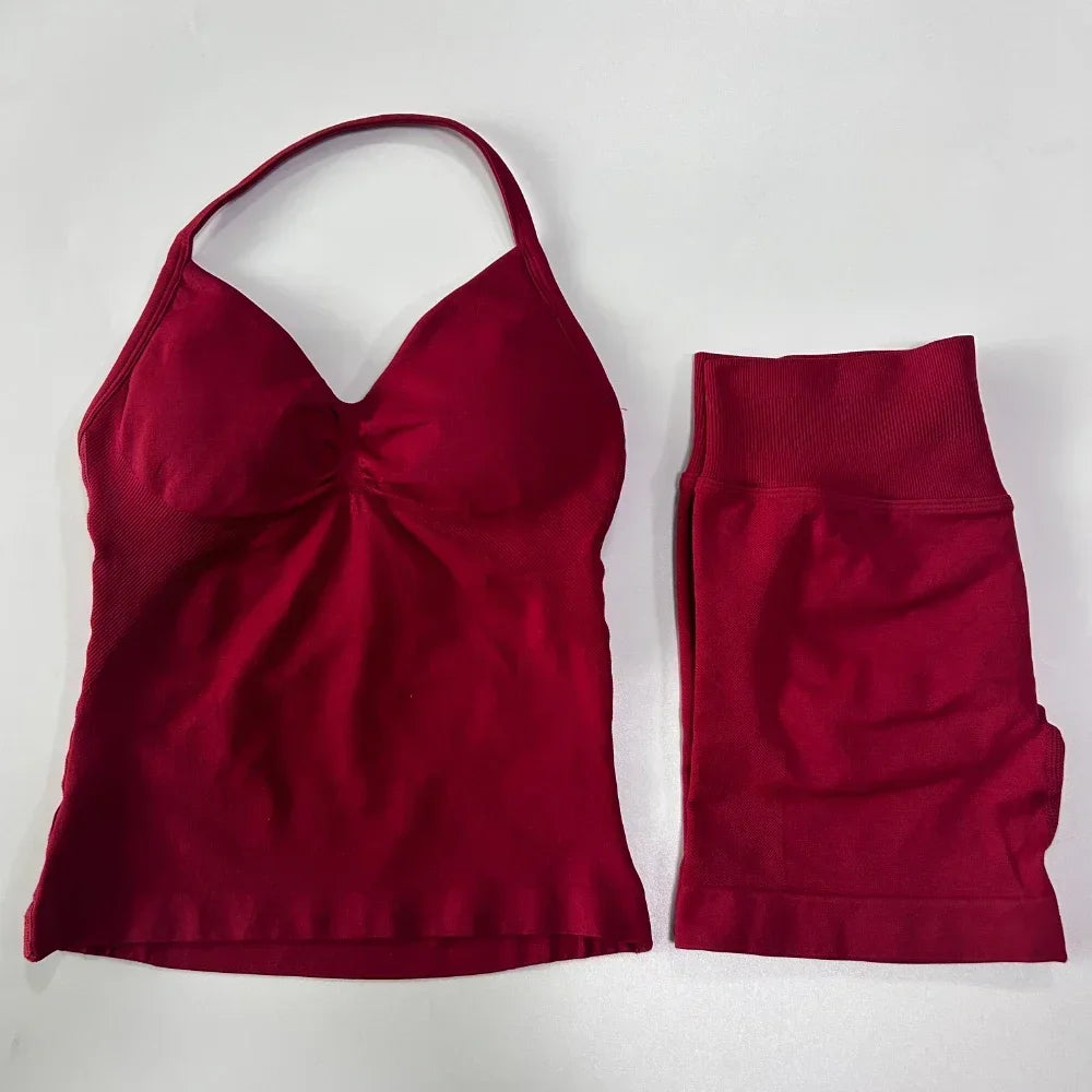 2 Pieces Sports Set Women Backless Tank Tops High Waist Scrunch Seamless Shorts Sport Suit Gym Set Sportswear Workout Set