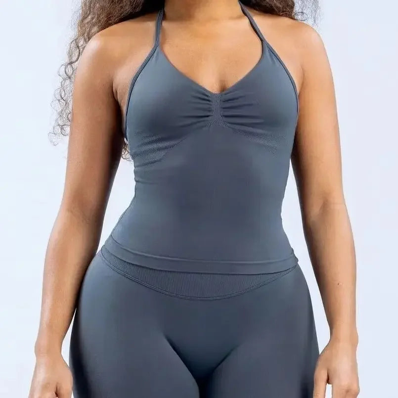 2 Pieces Sports Set Women Backless Tank Tops High Waist Scrunch Seamless Shorts Sport Suit Gym Set Sportswear Workout Set