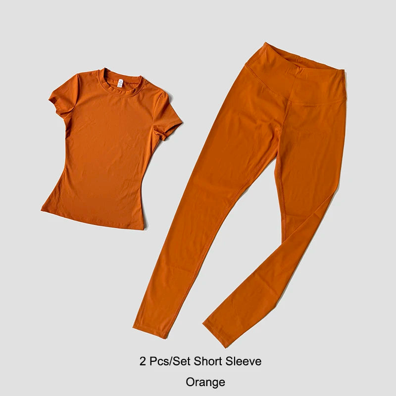 Quick-Drying Gym Leggings Set Sport Suit Short Sleeve Breathable Stretchy Slim Fitness Active Top Tight Gym Set
