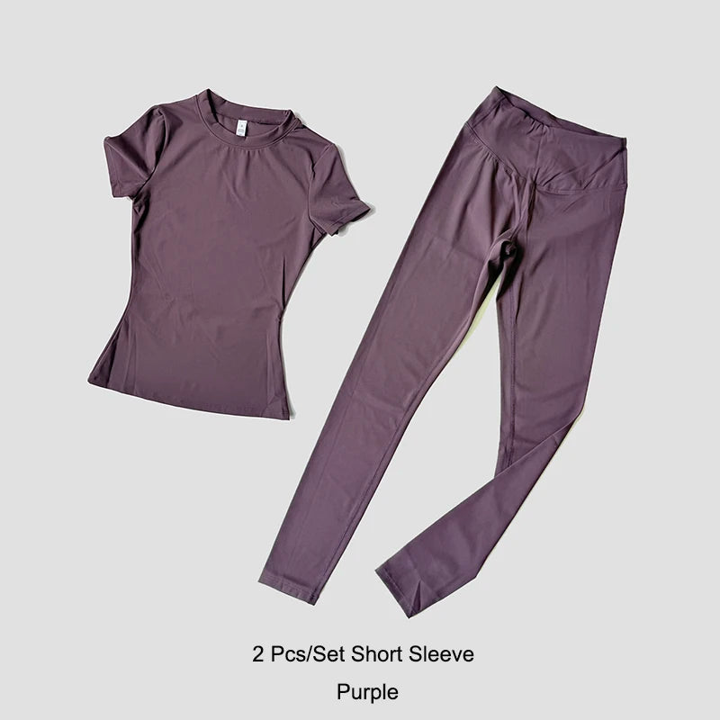 Quick-Drying Gym Leggings Set Sport Suit Short Sleeve Breathable Stretchy Slim Fitness Active Top Tight Gym Set