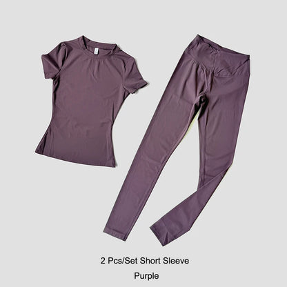 Quick-Drying Gym Leggings Set Sport Suit Short Sleeve Breathable Stretchy Slim Fitness Active Top Tight Gym Set