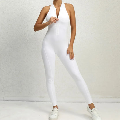 Zipper Women Pad Yoga Jumpsuits One Piece Romper Workout Legging Bodysuit Sport Gym Active Suit Exercise Wear Womens Fitness
