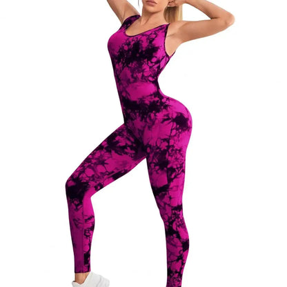 Athletic Wear Jumpsuit Yoga Jumpsuit Tie-dye Butt-lifted Women's Sport Jumpsuit for Jogging Yoga Contrast Color Athletic Wear