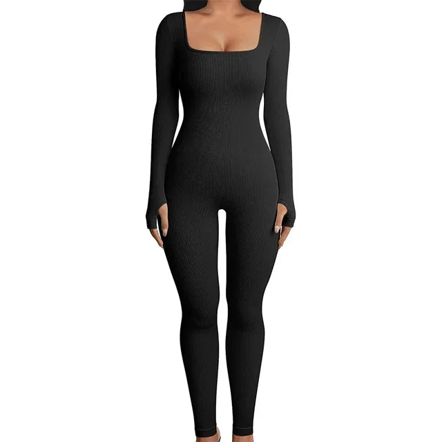 Women Skinny Jumpsuit Solid Color Ribbed Knit Long Sleeve Square Neck Bodycon Jumpsuit Romper Work Out Sport Yoga Playsuits