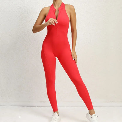 Zipper Women Pad Yoga Jumpsuits One Piece Romper Workout Legging Bodysuit Sport Gym Active Suit Exercise Wear Womens Fitness