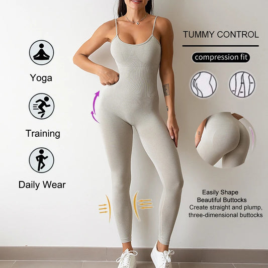 Sport Studio Women's Solid Color Slim Fitting Bodysuit Jumpsuit Sexy Unitard With Straps Workout Sets Women Sports Wear