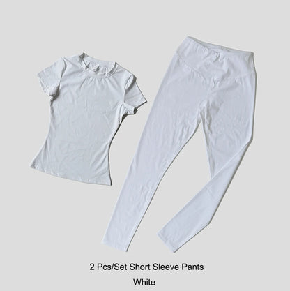 Quick-Drying Gym Leggings Set Sport Suit Short Sleeve Breathable Stretchy Slim Fitness Active Top Tight Gym Set