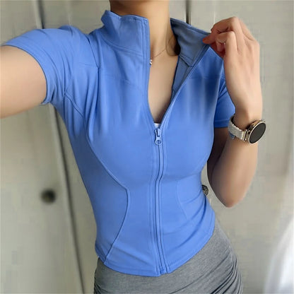 Casual Slim Sports Coat For Women Short Sleeve Solid Zipper Tops Female Cycling Running Yoga Outfit Clothes Summer Sport Jacket