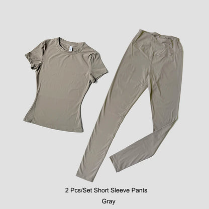 Quick-Drying Gym Leggings Set Sport Suit Short Sleeve Breathable Stretchy Slim Fitness Active Top Tight Gym Set