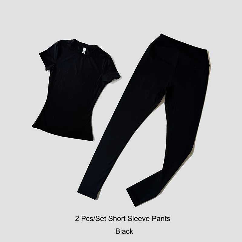 Quick-Drying Gym Leggings Set Sport Suit Short Sleeve Breathable Stretchy Slim Fitness Active Top Tight Gym Set