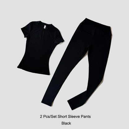 Quick-Drying Gym Leggings Set Sport Suit Short Sleeve Breathable Stretchy Slim Fitness Active Top Tight Gym Set