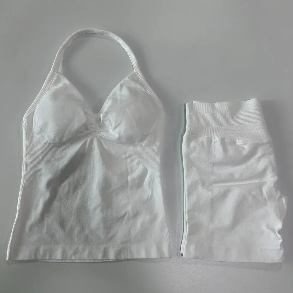 2 Pieces Sports Set Women Backless Tank Tops High Waist Scrunch Seamless Shorts Sport Suit Gym Set Sportswear Workout Set