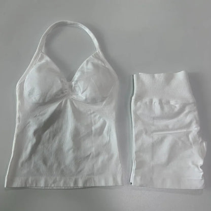 2 Pieces Sports Set Women Backless Tank Tops High Waist Scrunch Seamless Shorts Sport Suit Gym Set Sportswear Workout Set