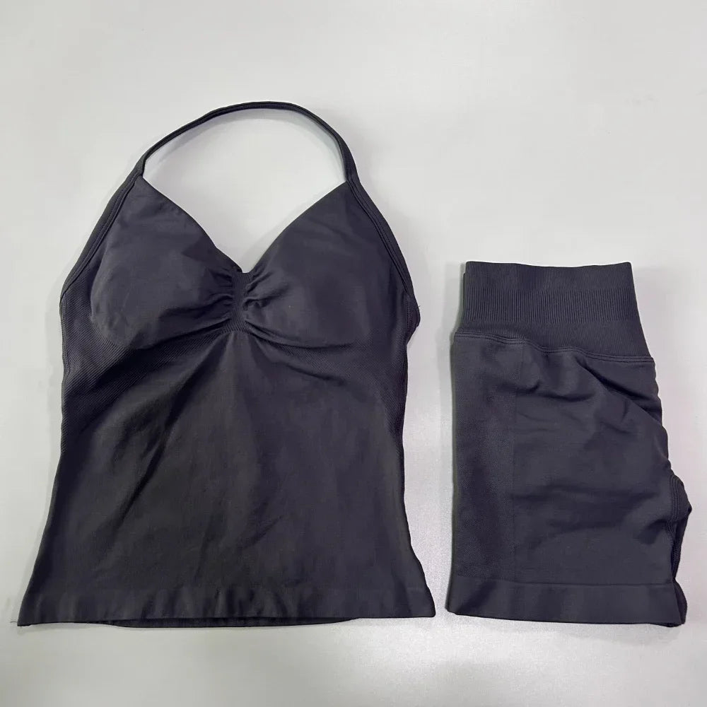 2 Pieces Impact Sports Set Women Backless Tank Yoga Tops High Waist Scrunch Seamless Shorts Sport Gym Set Sportswear Workout Set
