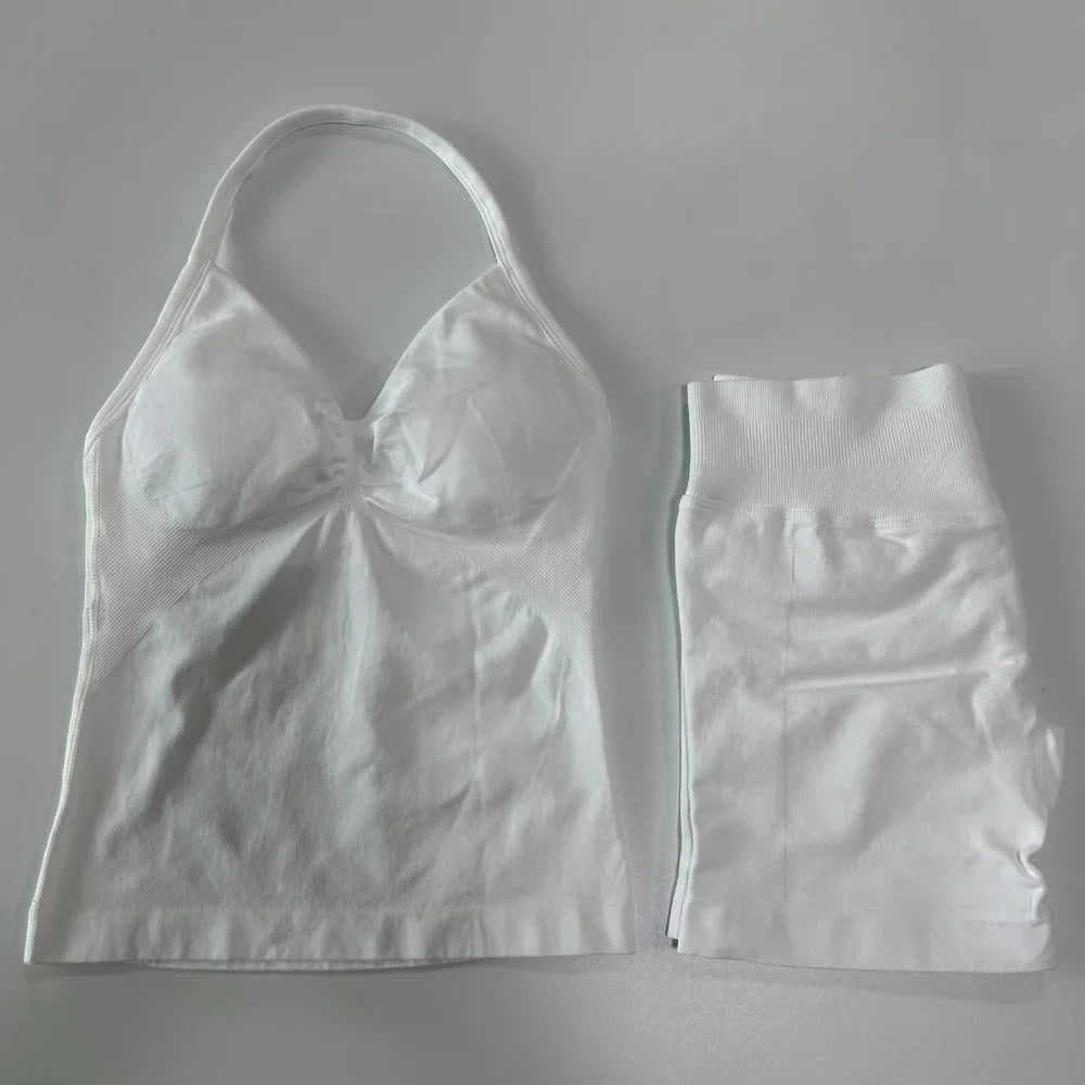 2 Pieces Impact Sports Set Women Backless Tank Yoga Tops High Waist Scrunch Seamless Shorts Sport Gym Set Sportswear Workout Set
