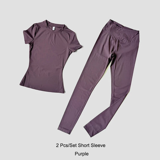 Quick-Drying Gym Leggings Set Sport Suit Short Sleeve Breathable Stretchy Slim Fitness Active Top Tight Gym Set