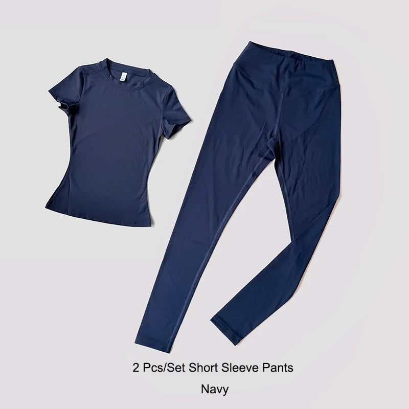Quick-Drying Gym Leggings Set Sport Suit Short Sleeve Breathable Stretchy Slim Fitness Active Top Tight Gym Set