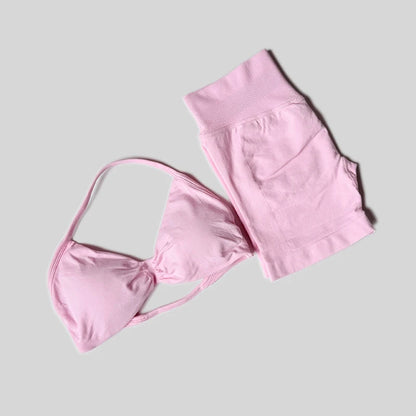 Impact Gym Set Women 2 Piece Sets Halter Neck Tank Tops High Waist Scrunch Seamless Shorts Sport Suit Sportswear Workout Set