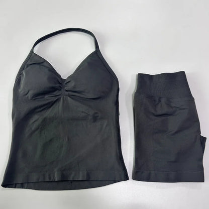 2 Pieces Impact Sports Set Women Backless Tank Yoga Tops High Waist Scrunch Seamless Shorts Sport Gym Set Sportswear Workout Set