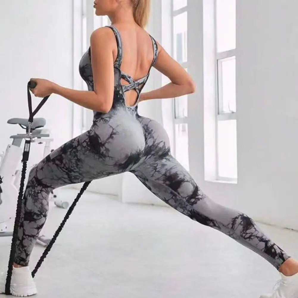 Athletic Wear Jumpsuit Yoga Jumpsuit Tie-dye Butt-lifted Women's Sport Jumpsuit for Jogging Yoga Contrast Color Athletic Wear