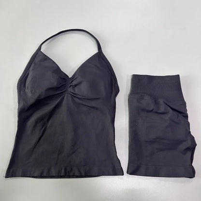 2 Pieces Sports Set Women Backless Tank Tops High Waist Scrunch Seamless Shorts Sport Suit Gym Set Sportswear Workout Set