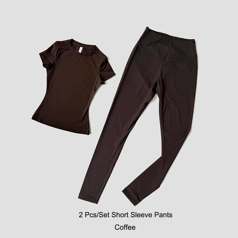 Quick-Drying Gym Leggings Set Sport Suit Short Sleeve Breathable Stretchy Slim Fitness Active Top Tight Gym Set