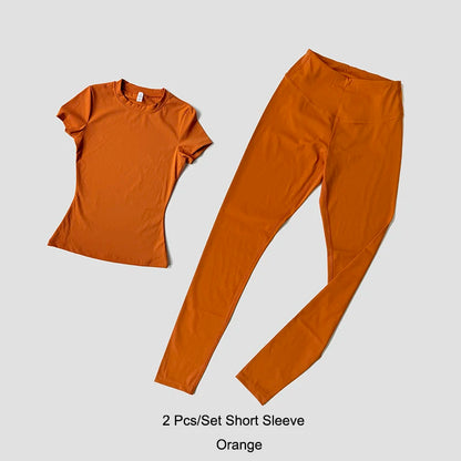 Quick-Drying Gym Leggings Set Sport Suit Short Sleeve Breathable Stretchy Slim Fitness Active Top Tight Gym Set