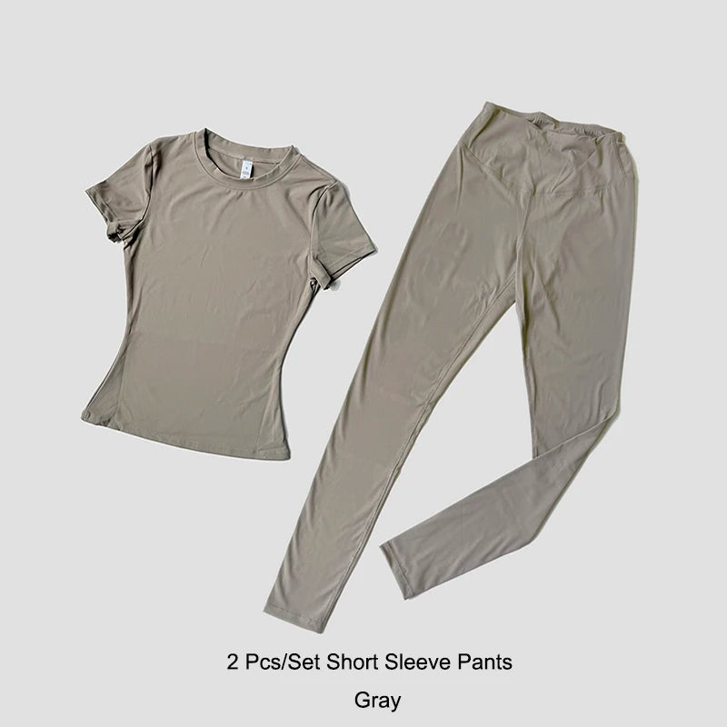 Quick-Drying Gym Leggings Set Sport Suit Short Sleeve Breathable Stretchy Slim Fitness Active Top Tight Gym Set