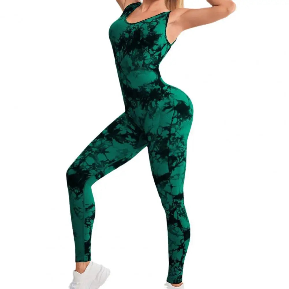 Athletic Wear Jumpsuit Yoga Jumpsuit Tie-dye Butt-lifted Women's Sport Jumpsuit for Jogging Yoga Contrast Color Athletic Wear