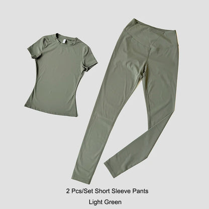 Quick-Drying Gym Leggings Set Sport Suit Short Sleeve Breathable Stretchy Slim Fitness Active Top Tight Gym Set