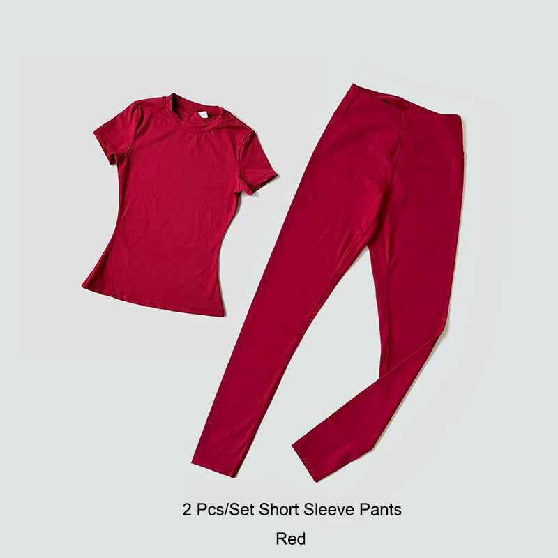 Quick-Drying Gym Leggings Set Sport Suit Short Sleeve Breathable Stretchy Slim Fitness Active Top Tight Gym Set